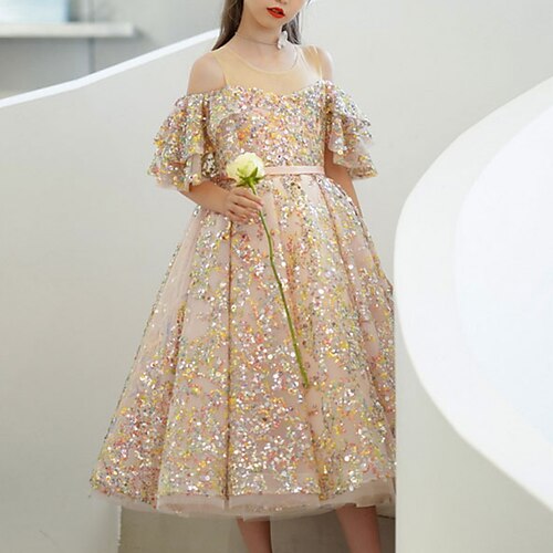 

Kids Little Girls' Dress Solid Colored A Line Dress Sports Outdoor Vacation Sparkle Beige Midi Half Sleeve Princess Sweet Dresses Summer Regular Fit 1pcs 3-12 Years