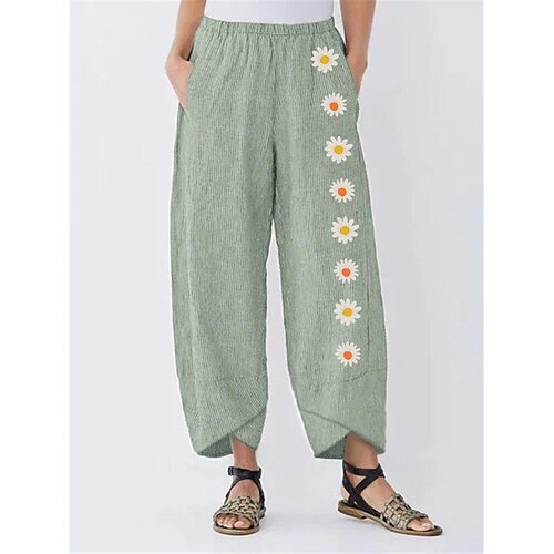 

Women's Chinos Pants Trousers Green Blue Mid Waist Fashion Casual Weekend Side Pockets Print Micro-elastic Ankle-Length Comfort Flower / Floral S M L XL 2XL / Loose Fit