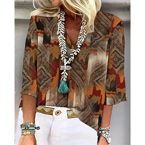 

Women's Shirt Floral Geometric Paisley Casual Weekend Floral Geometric Shirt 3/4 Length Sleeve Print V Neck Streetwear Multicolor Blue Grey S / 3D Print