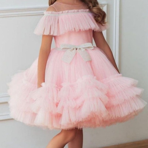 

Kids Little Girls' Dress Solid Colored A Line Dress Party Performance Pink Asymmetrical Short Sleeve Princess Sweet Dresses Spring Summer Regular Fit 3-12 Years