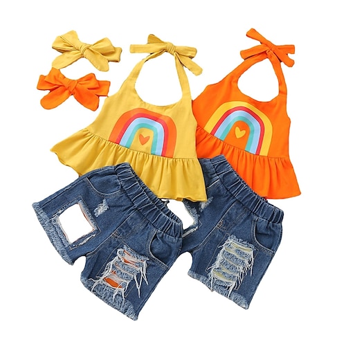 

2 Pieces Kids Girls' Clothing Set Outfit Heart Sleeveless Crewneck Set Street Fashion Casual Spring Summer 3-10 Years Yellow Orange