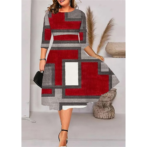 

Women's Plus Size Work Dress Geometric Crew Neck Print 3/4 Length Sleeve Fall Winter Work Elegant Formal Midi Dress Daily Vacation Dress / 3D Print