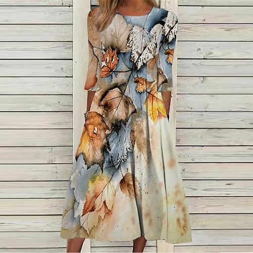 

Women's Casual Dress Shift Dress Midi Dress Khaki 3/4 Length Sleeve Floral Ruched Fall Spring Autumn 2022 S M L XL XXL 3XL