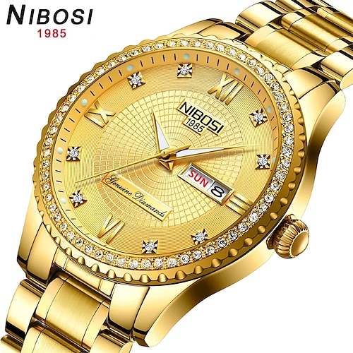 

NIBOSI Crystal-Studded Gold Mens Watch with Stainless Steel Band Top Luxury Brand Chronograph Watch