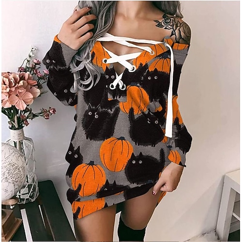 

Women's Casual Halloween Dress Short Mini Dress Green Blue Purple Yellow Fuchsia Khaki Orange Red Long Sleeve Print Pumpkin Spider Print Fall Winter Crew Neck Loose 2022 M L XL XXL / 3D Print