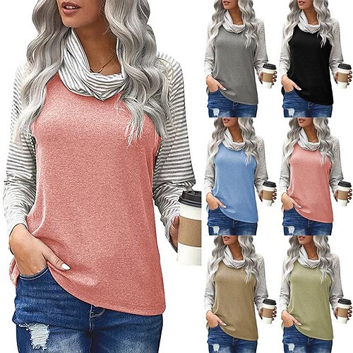 

2021 cross-border europe and america amazon autumn and winter women's top fashion striped high neck color-blocking women's long sleeve t-shirt