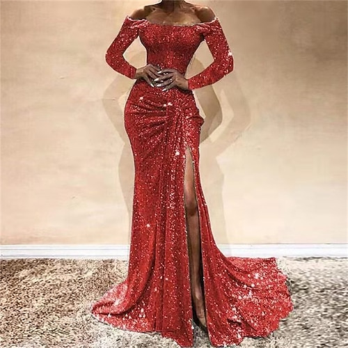 

Women's Party Dress Sequin Dress Sheath Dress Long Dress Maxi Dress Gold Red Navy Blue Long Sleeve Pure Color Sequins Winter Fall Off Shoulder Winter Dress Birthday Evening Party 2022 S M L XL 2XL