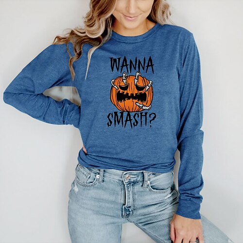 

Women's T shirt Tee Graphic Pumpkin Letter Halloween Casual Daily T shirt Tee Long Sleeve Print Round Neck Halloween Green Blue Yellow S