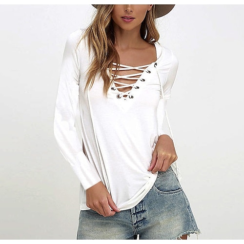

Women's T shirt Tee Plain Casual Holiday Weekend T shirt Tee Long Sleeve V Neck Basic White Wine Khaki S