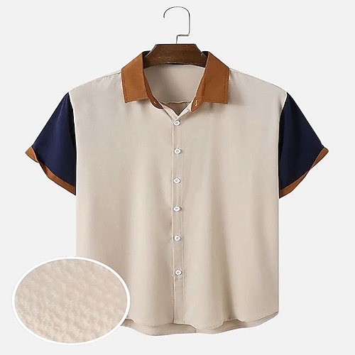 

Men's Seersucker Shirt Color Block Turndown Khaki Street Daily Short Sleeve Button-Down Clothing Apparel Lightweight Soft Breathable Comfortable / Summer / Summer / Sports