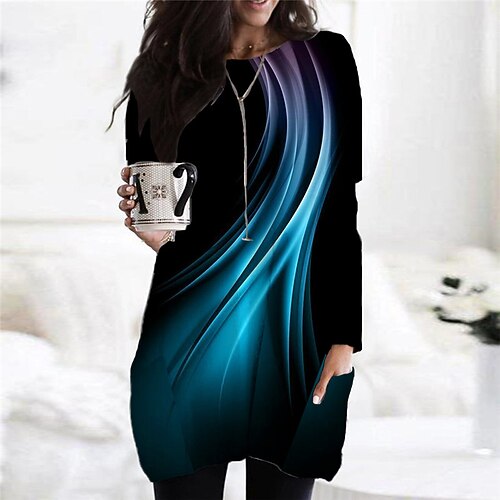 

Women's Shift Dress Casual Dress Short Mini Dress Blue Long Sleeve Color Gradient Pocket Print Fall Winter Crew Neck Casual Vacation Loose 2022 S M L XL XXL 3XL