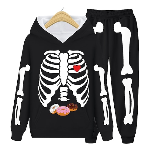 

2 Pieces Kids Boys Halloween Hoodie & Pants HoodieSet Clothing Set Outfit Skull Long Sleeve Print Set Outdoor Sports Fashion Cool Winter Fall 3-12 Years Black