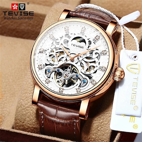 

TEVISE T867D Watch Wristwatch Automatic Mechanical Movement Moon Phase Complete Calendar Week Display Hardlex Water Resistant Watch