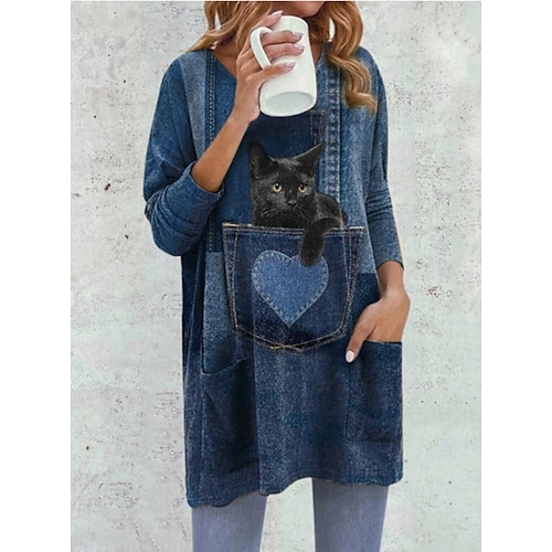 

Mulheres Moletom com capuz Estacionar Ativo Roupa de rua Comprimento Longo Bolsos Imprimir Amarelo Azul Gato 3D Diário Gola Redonda Manga Longa