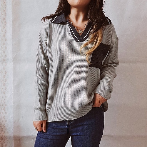 

Women's Pullover Sweater Jumper Ribbed Knit Pocket Knitted Color Block Shirt Collar Casual Soft Daily Holiday Fall Winter Gray Beige S M L / Long Sleeve