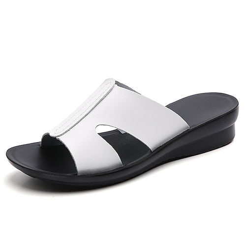 

Women's Slippers Work Daily Outdoor Slippers Summer Low Heel Round Toe Casual Sweet Walking Shoes PU Leather Loafer Black Beige White