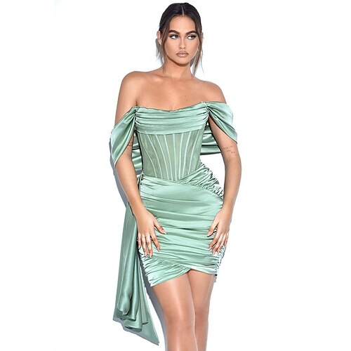

Sheath / Column Party Dresses Bodycon Dress Homecoming Short / Mini Short Sleeve Off Shoulder Satin Backless with Ruched Pure Color 2022