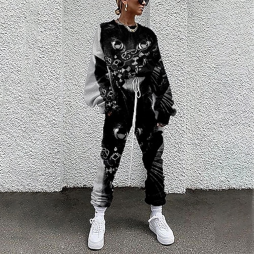 

Women's Sweatshirt Tracksuit Pants Sets Active Streetwear Dark Grey Khaki Sports Outdoor Casual Graphic Cat Drawstring Print Crew Neck S M L XL XXL