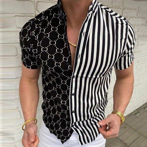 

Men's Shirt 3D Print Striped Turndown Street Casual Button-Down Print Short Sleeves Tops Designer Casual Fashion Breathable Black / Summer