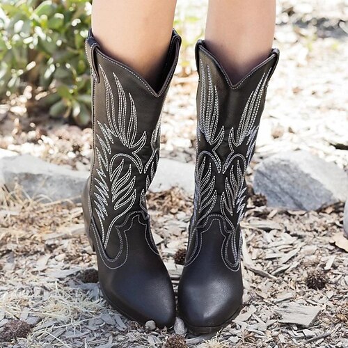 

Women's Boots Cowboy Boots Plus Size Outdoor Daily Mid Calf Boots Winter Embroidery Chunky Heel Pointed Toe Vintage Casual Walking Shoes PU Leather Loafer Embroidered Black White Brown