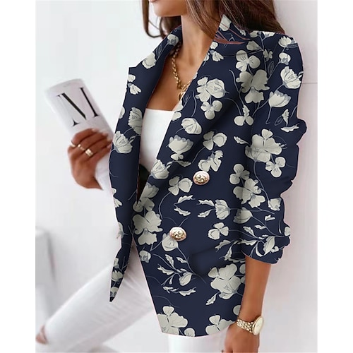 

Women's Blazer Breathable Office Work Daily Wear with Pockets Print Double Breasted Turndown OL Style Formal Modern Office / career Floral Regular Fit Outerwear Long Sleeve Winter Fall Blue S M L XL