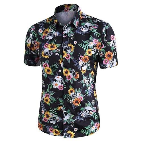 

Men's Shirt 3D Print Floral Skull Turndown Halloween Street Button-Down Print Short Sleeves Tops Designer Casual Vintage Retro Black / Summer