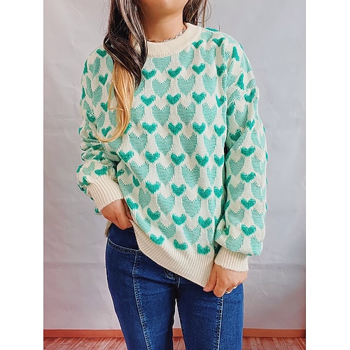 

Women's Pullover Sweater Jumper Chunky Knit Knitted Heart Crew Neck Stylish Casual Home Daily Fall Winter Green Black S M L / Long Sleeve