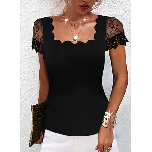 

Women's T shirt Tee Plain Casual Weekend T shirt Tee Short Sleeve Lace Patchwork Square Neck Basic Black S