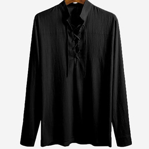 

Men's Shirt Solid Colored Stand Collar Street Daily Lace up Button-Down Long Sleeve Tops Casual Fashion Comfortable Big and Tall White Black Blue / Summer