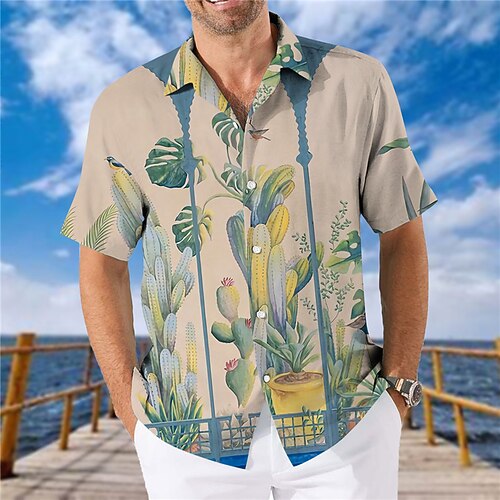 

Men's Shirt Leaves Turndown Khaki Royal Blue Short Sleeves 3D Print Outdoor Street Button-Down Print Tops Fashion Designer Casual Breathable / Summer / Spring / Summer