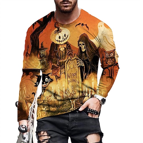 

Men's Unisex T shirt Tee Skull Graphic Prints Crew Neck Orange 3D Print Outdoor Halloween Long Sleeve Print Clothing Apparel Basic Vintage Sports Designer