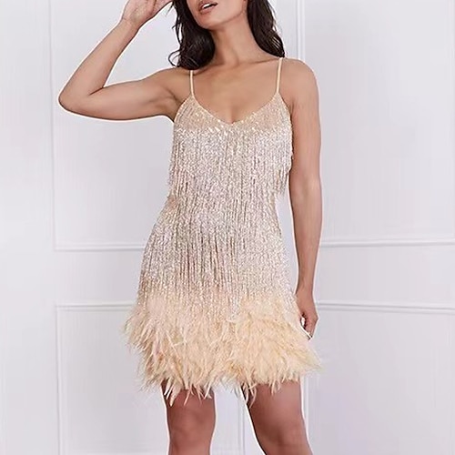 

Women's Party Dress Fringe Dress Sequin Dress Mini Dress Blue Gold Pink Sleeveless Pure Color Sequins Winter Fall Summer Spaghetti Strap Hot Party Weekend 2022 S M L XL XXL