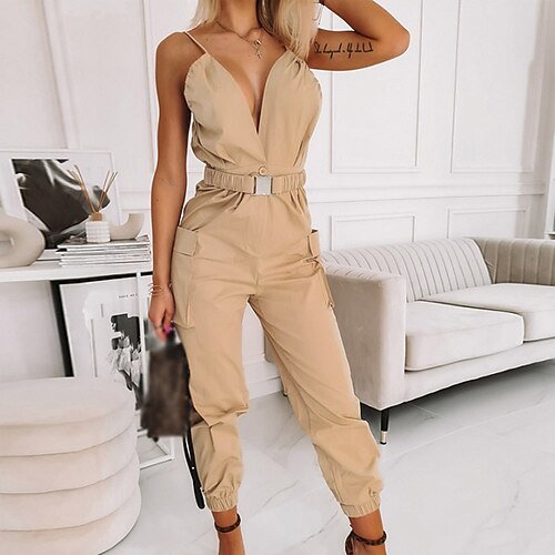 

Women's Jumpsuit Backless Pocket Solid Color Halter Neck Elegant Vacation Going out Cargo Pants Loose Sleeveless Khaki S M L Spring