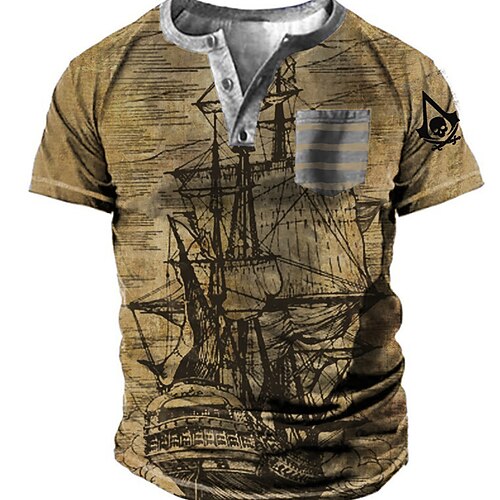 

Men's T shirt Tee Henley Shirt Tee Graphic Rudder Henley Brown Short Sleeve 3D Print Plus Size Outdoor Daily Button-Down Print Tops Basic Designer Casual Classic / Summer / Summer / Sports