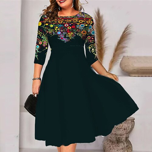

Women's Plus Size A Line Dress Floral Crew Neck 3/4 Length Sleeve Fall Winter Elegant Casual Midi Dress Daily Vacation Dress / 3D Print