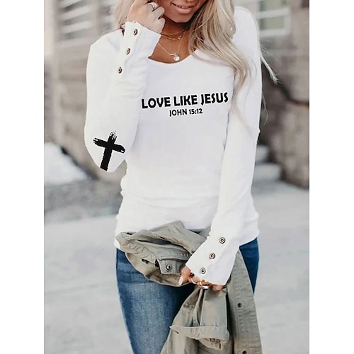 

Women's T shirt Tee Text Casual Weekend Painting T shirt Tee Long Sleeve Button Print Round Neck Basic White Black S / 3D Print