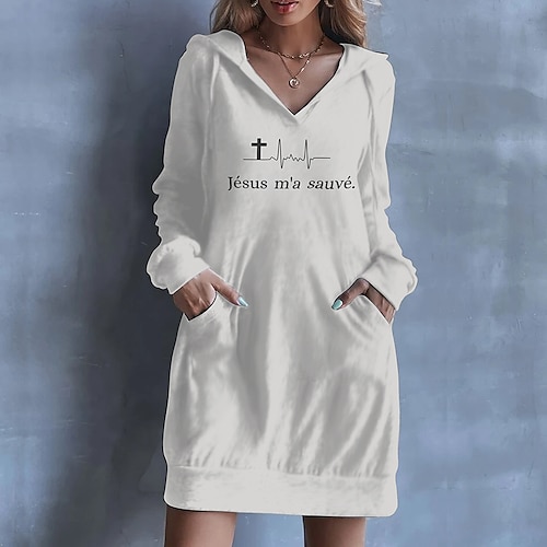 

Women's Hoodie Dress Streetwear Long Pocket Print White Black Gray Graphic Text Daily Hooded Long Sleeve S M L XL XXL