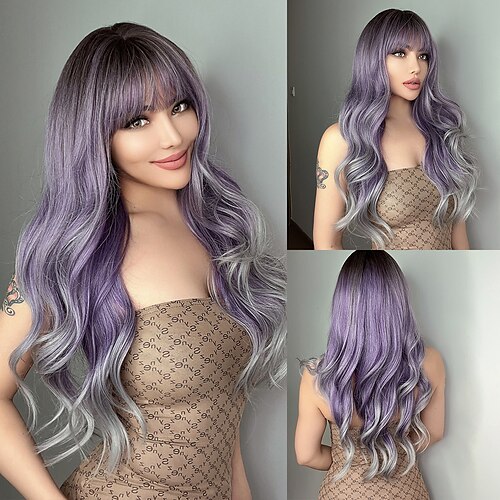 

Synthetic Wig Natural Wave With Bangs Machine Made Wig 26 inch Ombre Color Synthetic Hair Women's Ombre