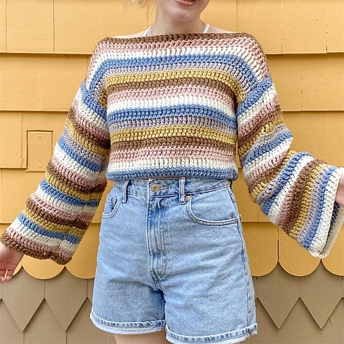 

Women's Pullover Sweater Jumper Crochet Knit Hole Striped Crew Neck Stylish Casual Daily Holiday Fall Winter Green khaki S M L / Long Sleeve / Going out / Loose