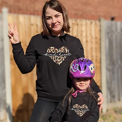 

Mommy and Me Tops Heart Leopard Letter Daily Print Black Red Long Sleeve Basic Matching Outfits