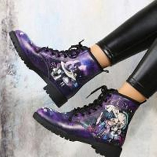 

Women's Boots Combat Boots Plus Size Lace Up Boots Daily Booties Ankle Boots Winter Chunky Heel Round Toe Casual PU Leather Lace-up Purple