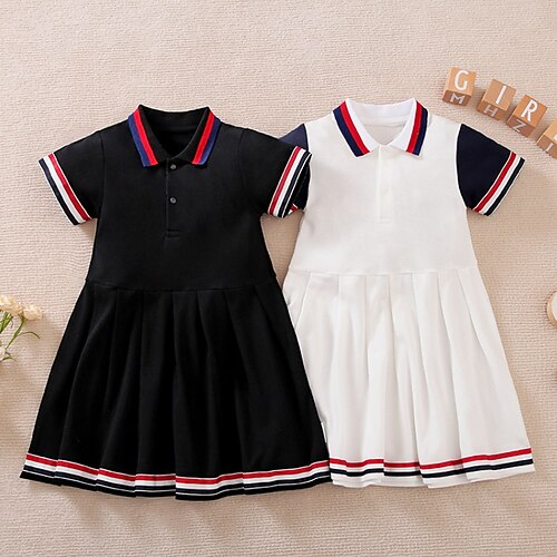 

Kids Girls' Dress Striped A Line Dress Knee-length Dress School Pleated Cotton Short Sleeve Princess Dress 2-6 Years Fall Black Beige