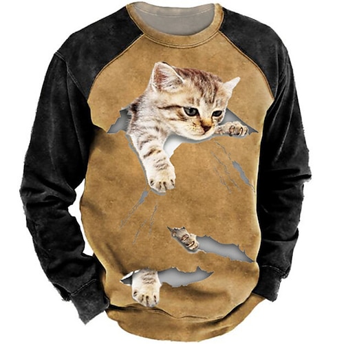 

Herren Unisex Sweatshirt Pullover Zur Seite fahren Braun Rundhalsausschnitt Katze Grafik-Drucke Patchwork Bedruckt Täglich Sport Festtage 3D-Druck Vintage Strassenmode Designer Frühling Herbst