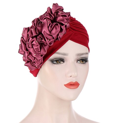 

Big Flowers Solid Turbans For Women Stretchy Headscarf Bonnet Muslim Head Wrap Cap Ladies Beanie Hat Hair Accessories African Headtie India Hat Headwear