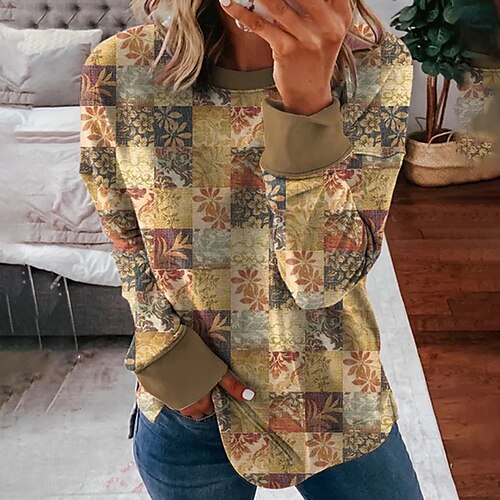 

Women's Plus Size Tops Pullover Sweatshirt Geometry Print Long Sleeve Crewneck Streetwear Daily Vacation Polyester Fall Winter Yellow khaki