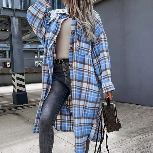 

Women's Casual Jacket Warm Breathable Daily Wear Vacation with Pockets Single Breasted Turndown Comfortable Street Style Shacket Stripes and Plaid Regular Fit Outerwear Long Sleeve Winter Fall Green