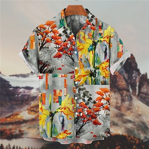 

Men's Shirt Floral Color Block Turndown Gray Short Sleeves 3D Print Outdoor Street Button-Down Print Tops Fashion Designer Casual Breathable / Summer / Spring / Summer