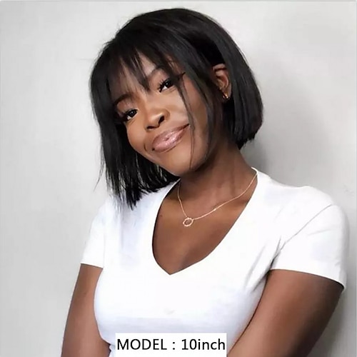 

Remy Human Hair Wig Short Body Wave Straight Bob With Bangs Natural Black Adjustable Natural Hairline For Black Women Machine Made Capless Malaysian Hair All Natural Black #1B 8 inch 10 inch Daily
