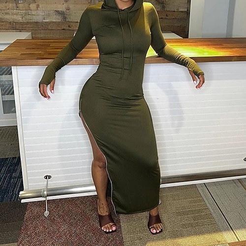 

Women's Hoodie Dress Sheath Dress Maxi long Dress Black Army Green Long Sleeve Pure Color Split Fall Winter Hooded Casual Slim 2022 S M L