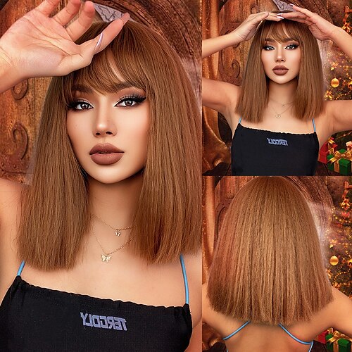 

HAIRCUBE Cosplay Wigs Long Natural Straight Ombre Brown With Bangs for Women